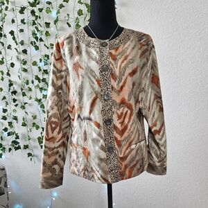 Chico's Button Down Crew Collared Animal Print Long Sleeve Blazer Jacket